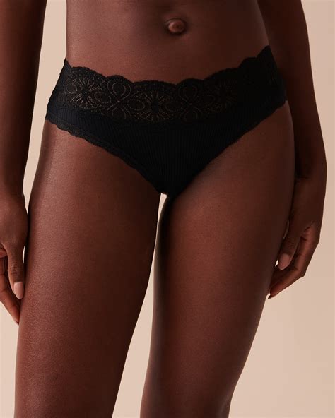 Lace Trim Ribbed Bikini Panty Black La Vie En Rose