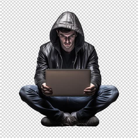 Hacker Ou Um Homem Capuz Usando Laptop Isolado Em Fundo