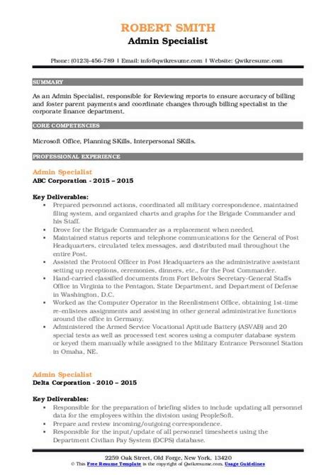 Admin Specialist Resume Samples Qwikresume