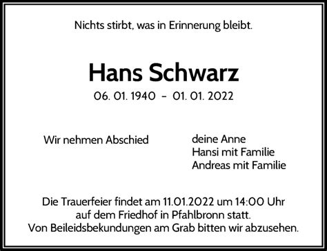 Traueranzeigen Von Hans Schwarz Zvw Trauer