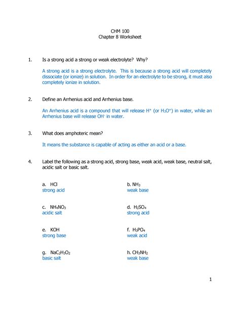 Chapter 8 Acids And Bases Worksheet 1 Answers 1 CHM 100 Chapter 8