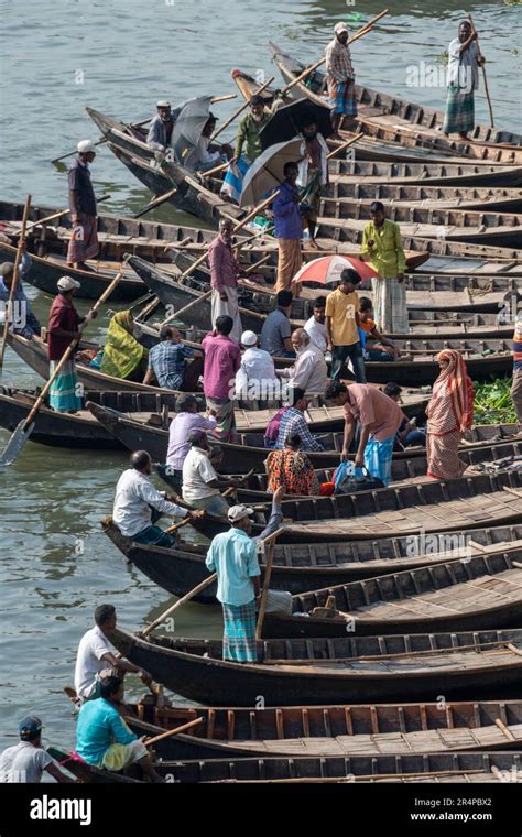 Passenger Ferry Boats Wait For Customers On The Banks Of The Buriganga