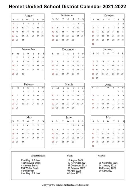 Hemet Unified School District, Hemet Calendar Holidays 2021-2022 School ...