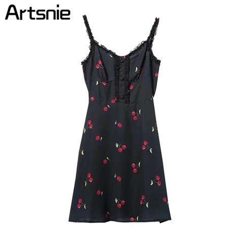 Artsnie Black Floral Print V Neck Strap Mini Dress Women Summer Beach