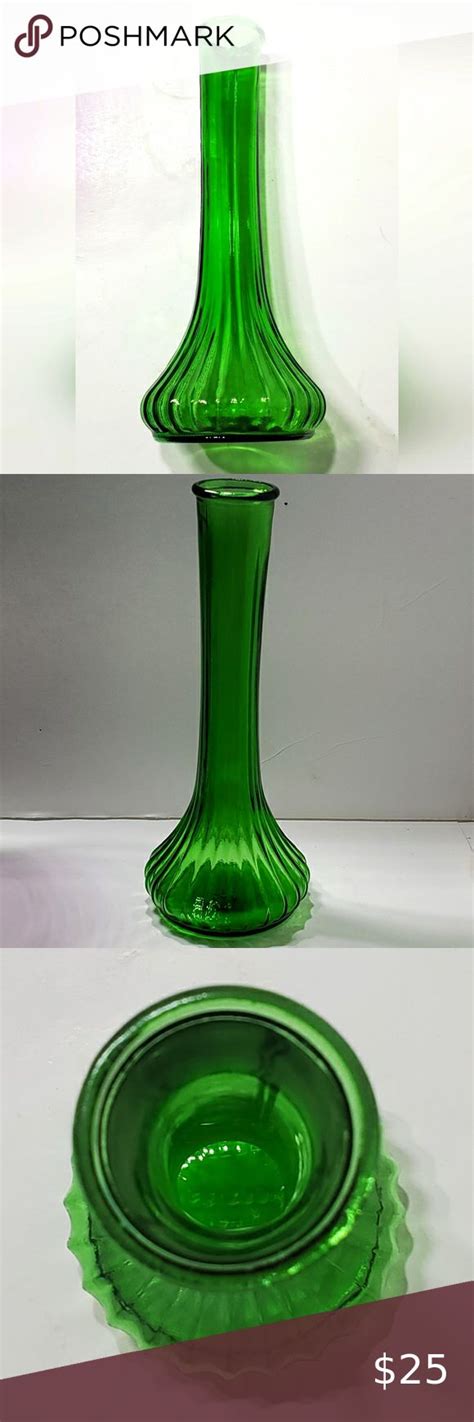 Vintage Green Ribbed Pattern Glass Hoosier 4096 Mid Century Accent Glass Vase Pattern Glass