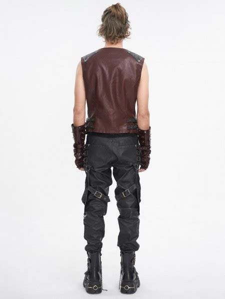 Devil Fashion Wine Red Gothic Punk Spiked Faux Leather Zip Up Waistcoat