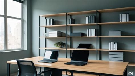 A Modern Office Workspace Featuring Organized Shelves And Technology