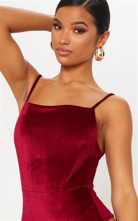 Burgundy Velvet Strappy Bodysuit Tops Prettylittlething Usa