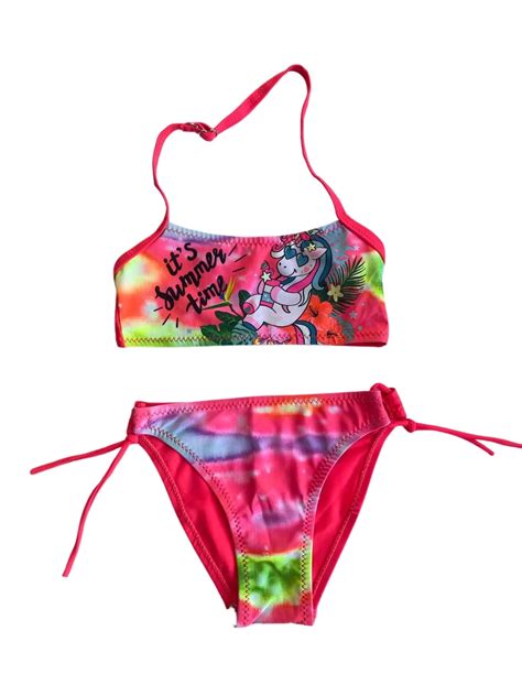 Kız Çocuk Neon Pembe Desenli 2 8 Yaş Straplez Bikini Takım HZL24S LC3652