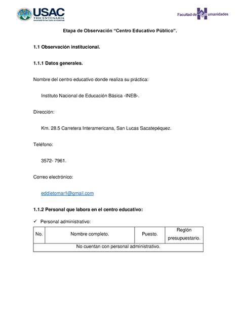 Observaciones Etapa de Observación Centro Educativo Público 1