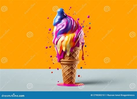 Illustration Showcasing An Ice Cream Cone With Vibrant Colors Melting Into A Creative Splash