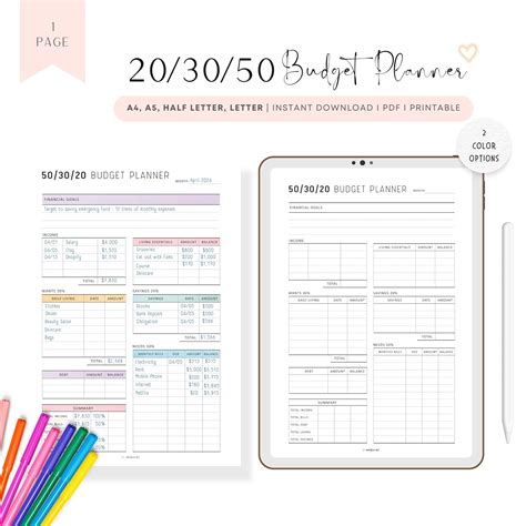 50/30/20 Budget Template Printable – mrsneat