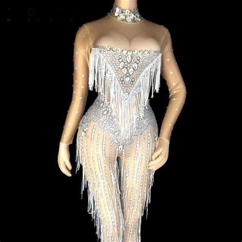 Womens Bodysuit Sparkly Rhinestones Tassels Big Stones Stretch Costume