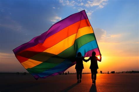 Premium Photo Happy Gay Couple Holding Hands With A Big Vibrant Rainbow Flag Against A
