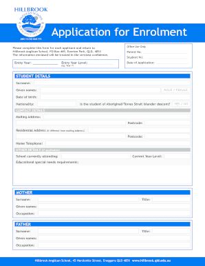 Fillable Online Hillbrook Qld Edu Application For Enrolment Hillbrook