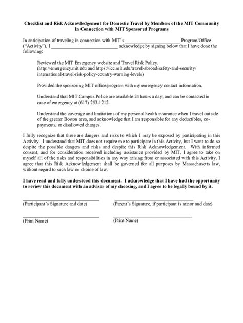 Fillable Online Checklist And Risk Acknowledgement For Domestic Travel