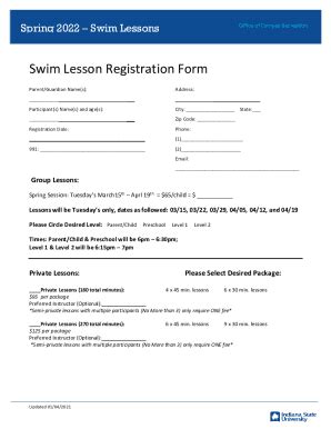 Fillable Online Spring Swim Lesson Registration Form Fax Email