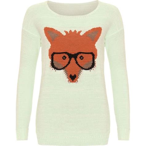 Ami Fox With Glasses Knitted Jumper White Long Sleeve Sweater Mint