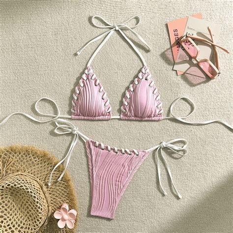Pink Bikini Sets For Women Two Piece Bikini Swimsuit Color Block Bathing Suits String Bikini