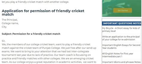 Application To The Principal For Permission Of Cricket Match Cricket