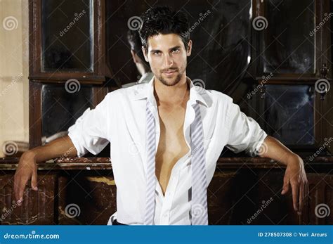 Sexy Man And Open Shirt Or Portrait Of Hot Guy Or Seductive With Stylish Tie And Lean Against