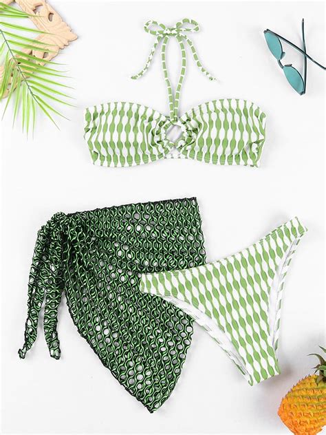 Pieces Triangle Halter String Ring Link Bikini Beach Skirt Swimsuit Women Swimwear Female