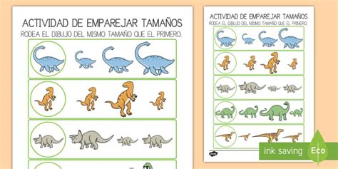 Ficha de actividad Emparejar tamaños Dinosaurios