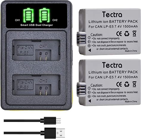 Tectra 2 Pack LP E5 LPE5 Battery And LED USB Dual Charger Compatible