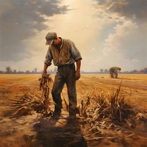 Premium AI Image | A weathered farmer tending to his sunlit field oil ...