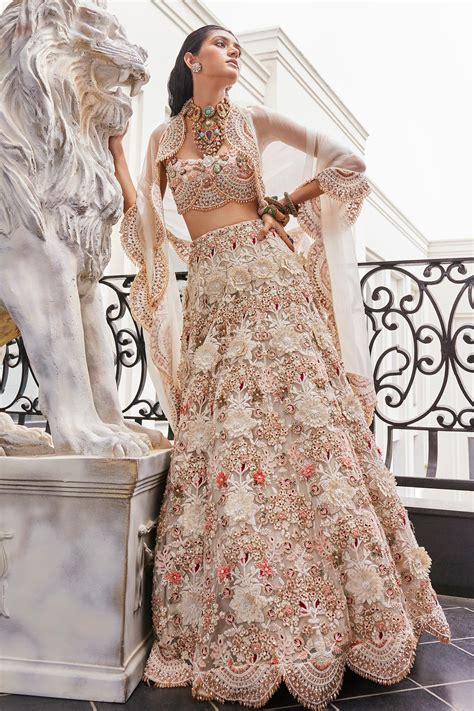 Buy Ivory Organza Embroidered D Aurora Floral Bridal Lehenga Set For