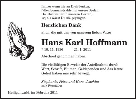 Traueranzeigen Von Hans Karl Hoffmann Saarbruecker Zeitung Trauer De