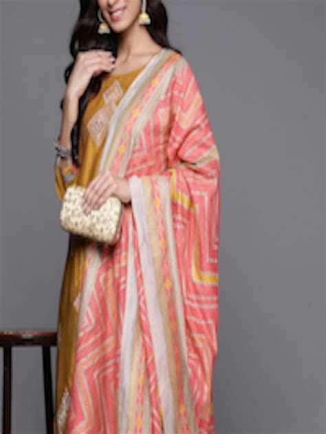 Buy Indo Era Women Mustard Yellow Embroidered Thread Work Liva Kurta