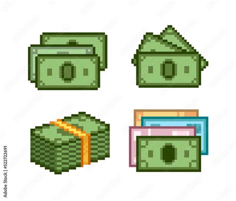 Pixel Art Cash Money Vector Icon Set In 8bit Style Pixel Stack Of