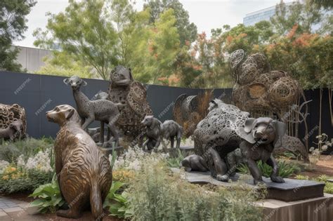 Premium AI Image | Sculpture garden with a variety of sculptures including floral and animal designs