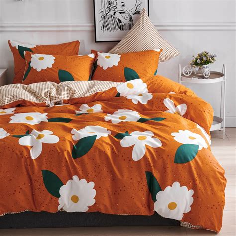 Bright Orange Duvet Cover Set With White Flowers 100 Cotton Etsy