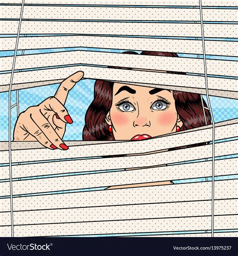 Pop Art Shocked Woman Looking Through The Blinds Vector Image