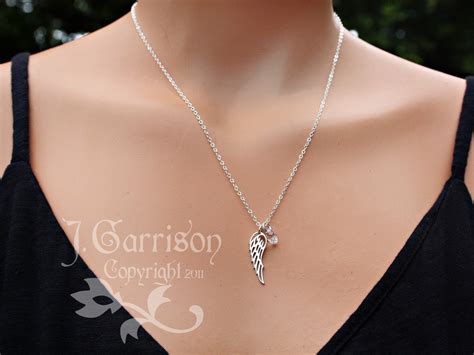 Winged Necklace Sterling Silver Angel Wing Charm Birthstone Etsy