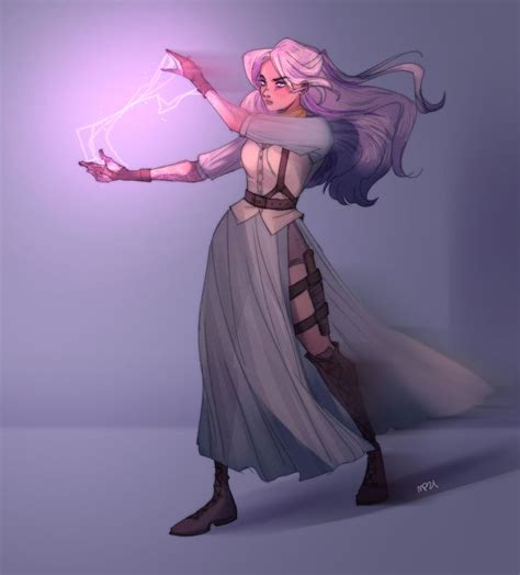 A Drawing Of A Woman With Purple Hair Holding A Lightening Bolt In Her Hand