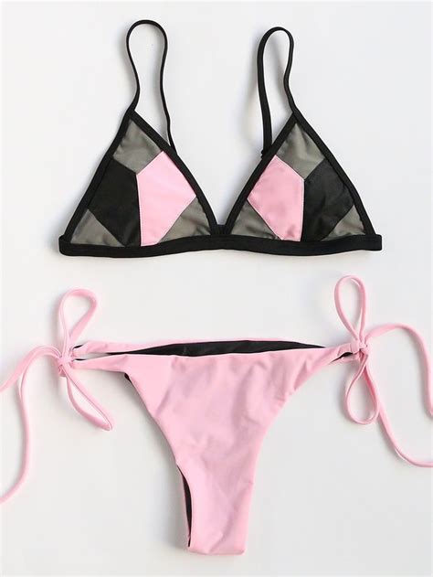 Shein Color Block Triangle Side Tie Bikini Set Trajes De Bikini