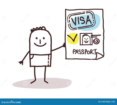 Cartoon Smiling Man Showing A Valid Passport And Visa Stock Vector