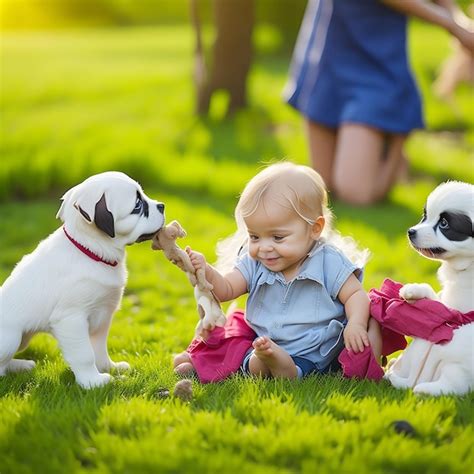 Premium AI Image | Beutyful baby girl playing cute puppies in the home ...