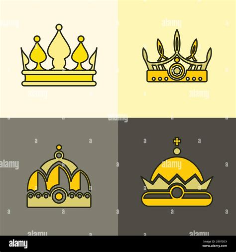 Yellow Crown Icons On Brown Background Set Of Golden Flat Crowns