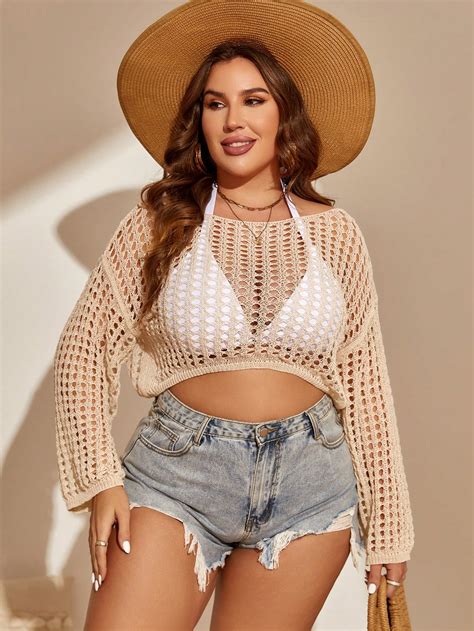 SHEIN Swim Vcay Plus Hollow Out Drop Shoulder Crop Cover Up Without