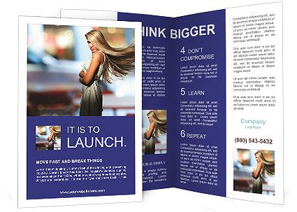 Blonde Woman With Windblown Hair Poses Against Cityscape Background In Portrait Brochure