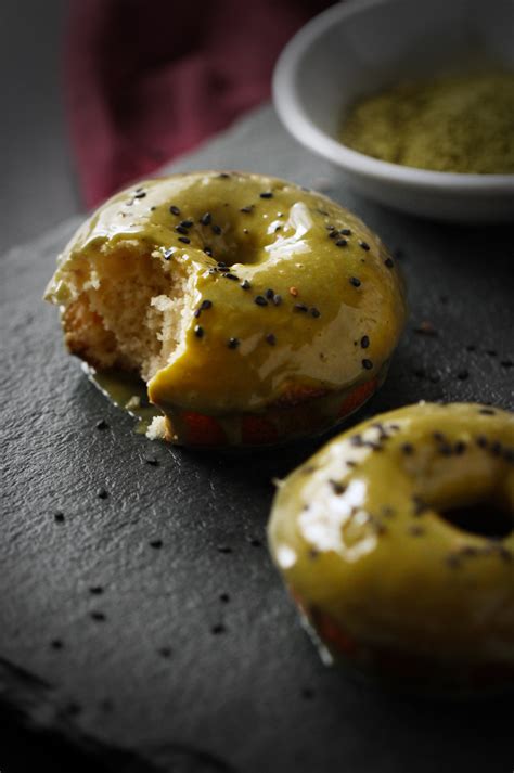 Baked Sesame Donuts with Matcha Glaze