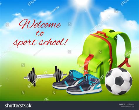 Welcome Sport School Realistic Background Backpack Stock Vector