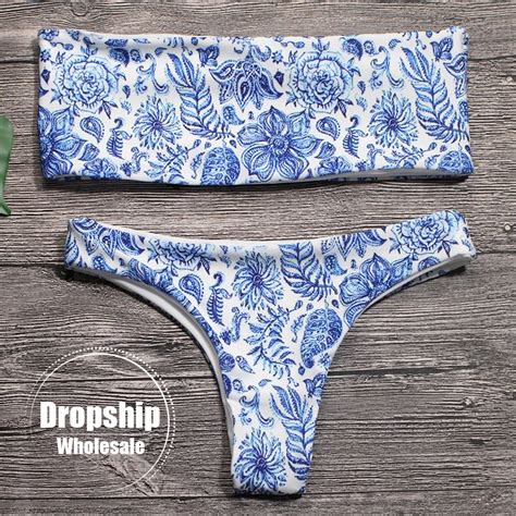 2018 Sexy Women Bikini Set Blue Flower Print Bikinis Bandeau Toplow Waist Thong Bottom Swimwear