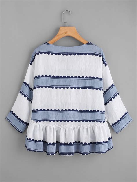 V Neckline Striped Frill Dip Hem Blouse SheIn Sheinside