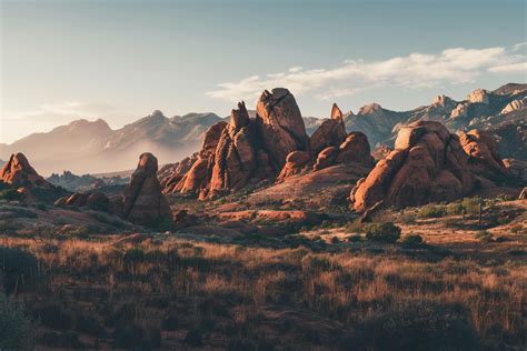 The Red Rocks Of Arches National Park In Utah Background Stock