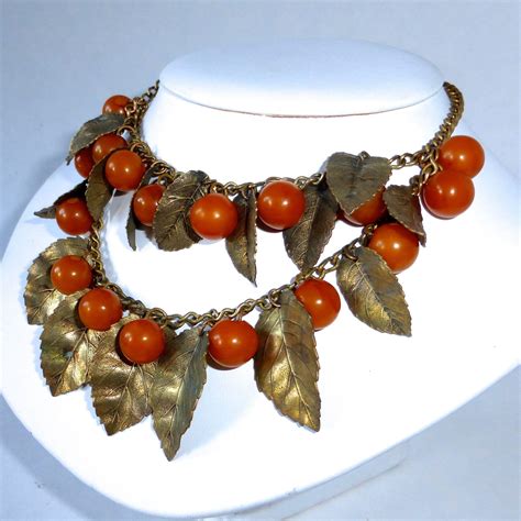 Bakelite Berries Brass Leaves Double Tier Necklace From Bejewelled On Ruby Lane